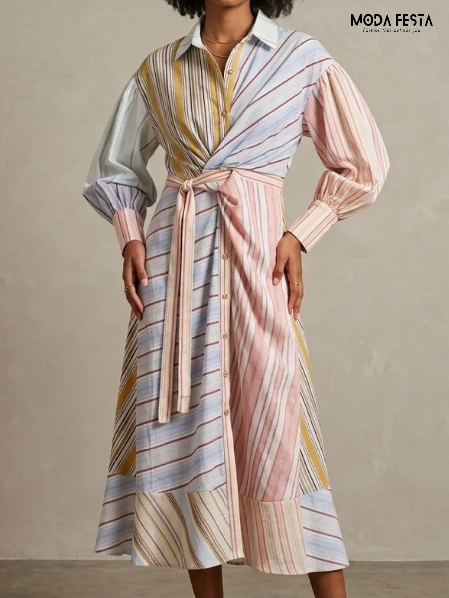 A color-block zip-neck polo shirt dress with a drawstring waist